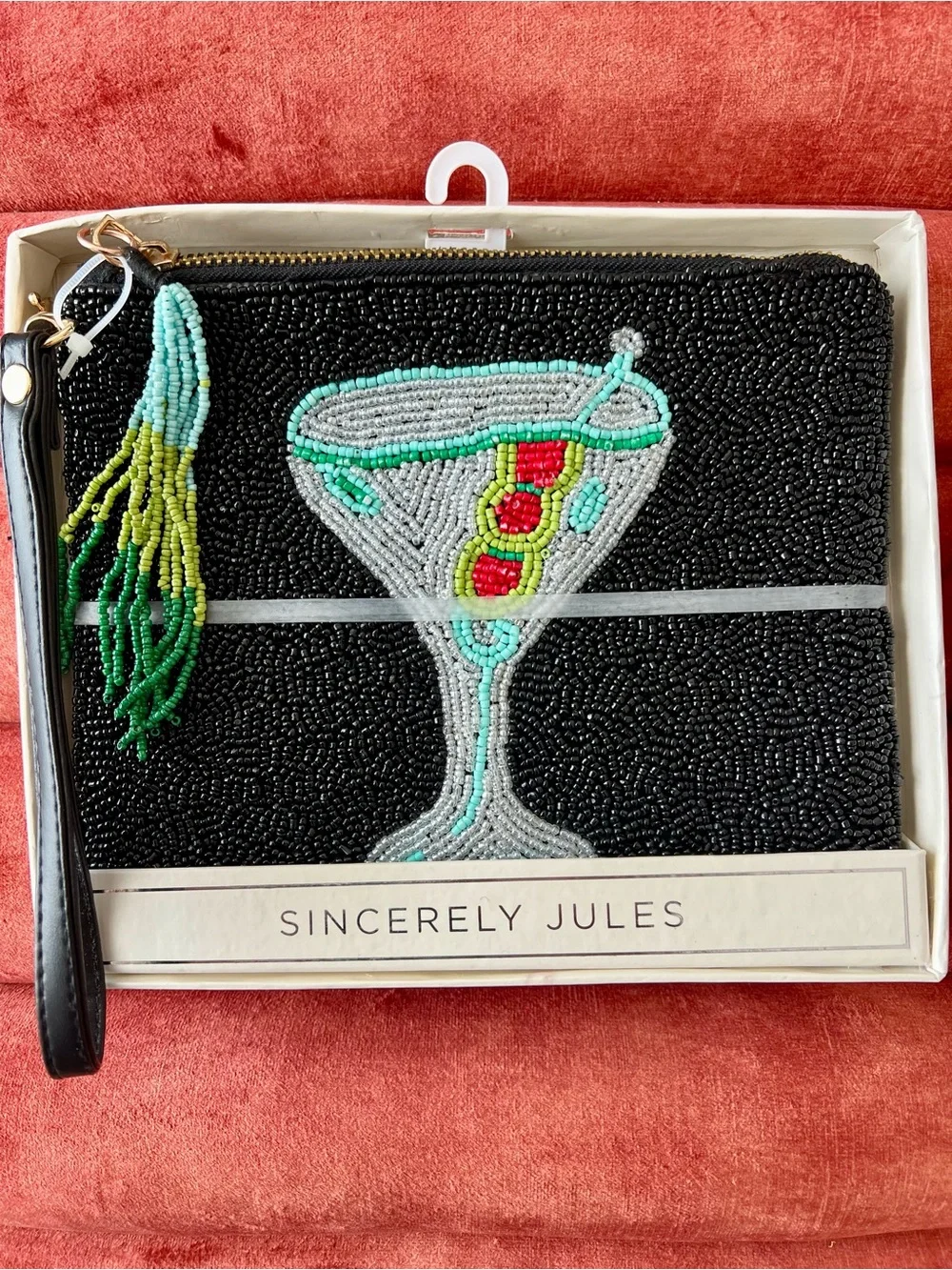 NWT Sincerely Jules Black Beaded Martini Clutch Wristlet